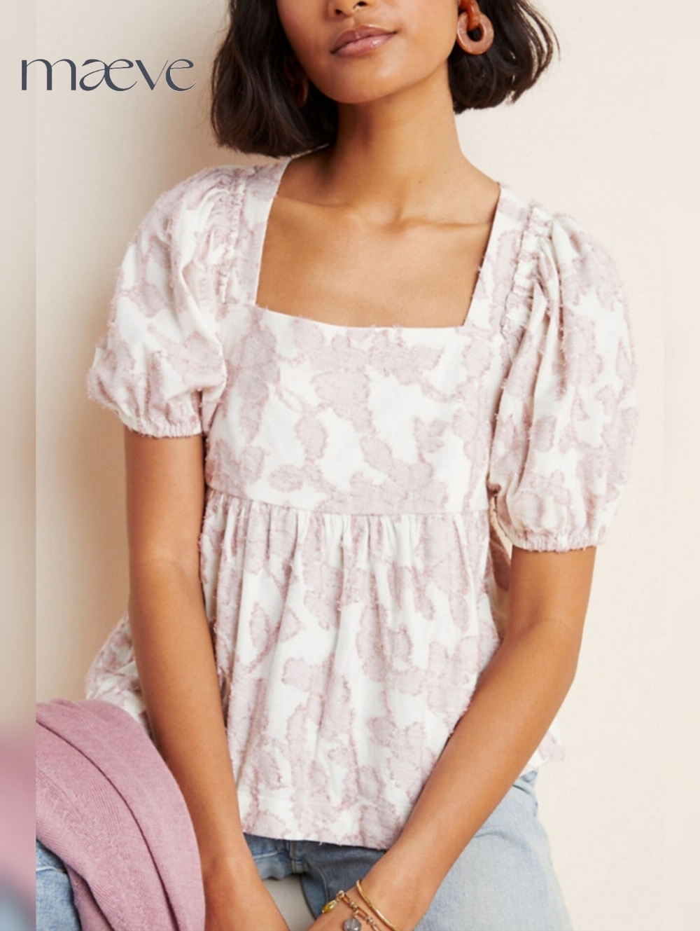 XS Maeve by Anthropologie Batia Cotton Blend Textured Babydoll Top - Pink